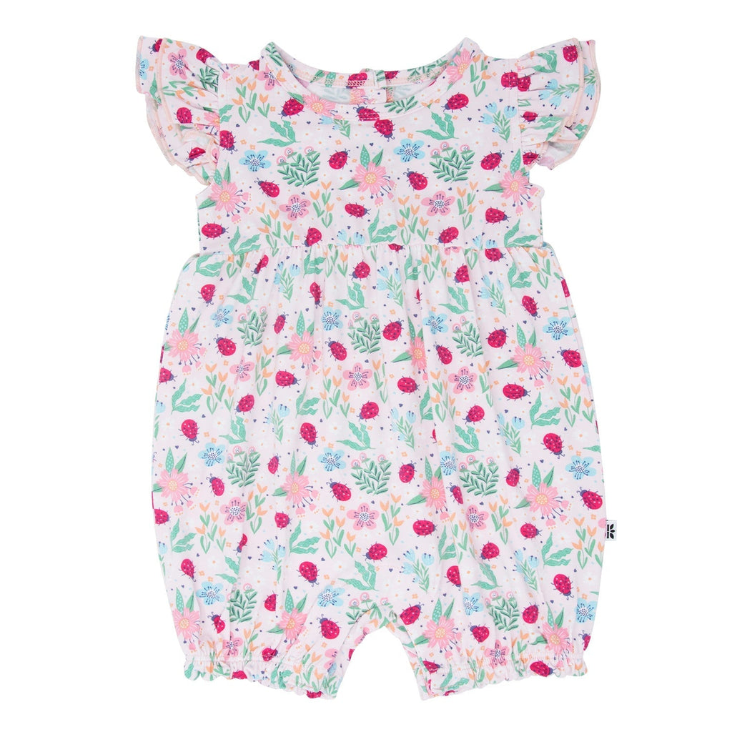 Printed baby ruffle romper with flutter sleeves, pink floral and ladybug pattern