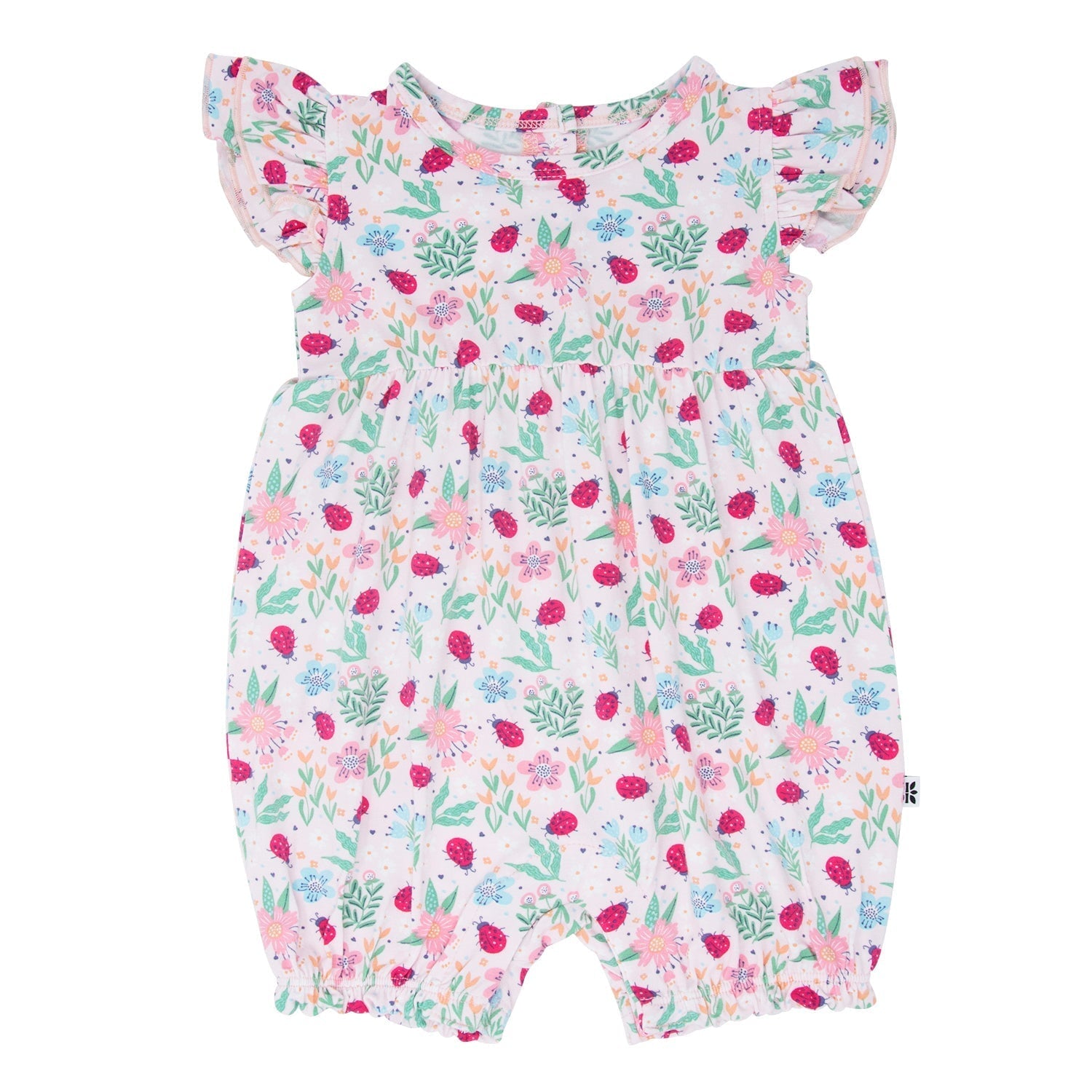 Printed baby ruffle romper with flutter sleeves, pink floral and ladybug pattern
