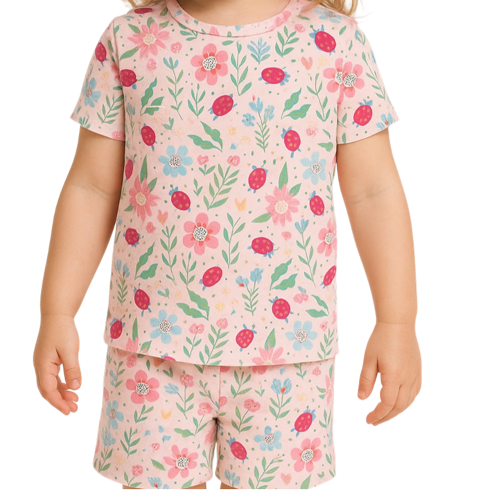 Girls summer pajama set top and shorts with colorful ladybug and floral pattern