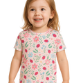 Girls summer pajama set top and shorts in light pink with ladybug flower print