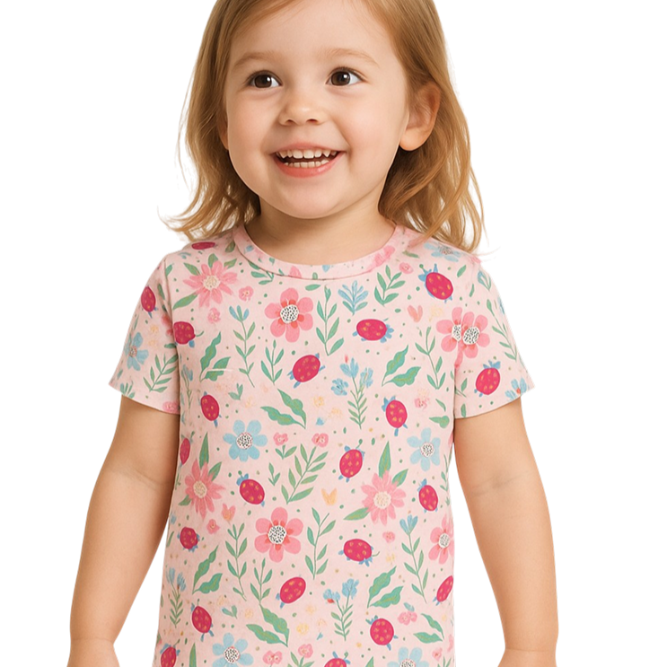 Girls summer pajama set top and shorts in light pink with ladybug flower print