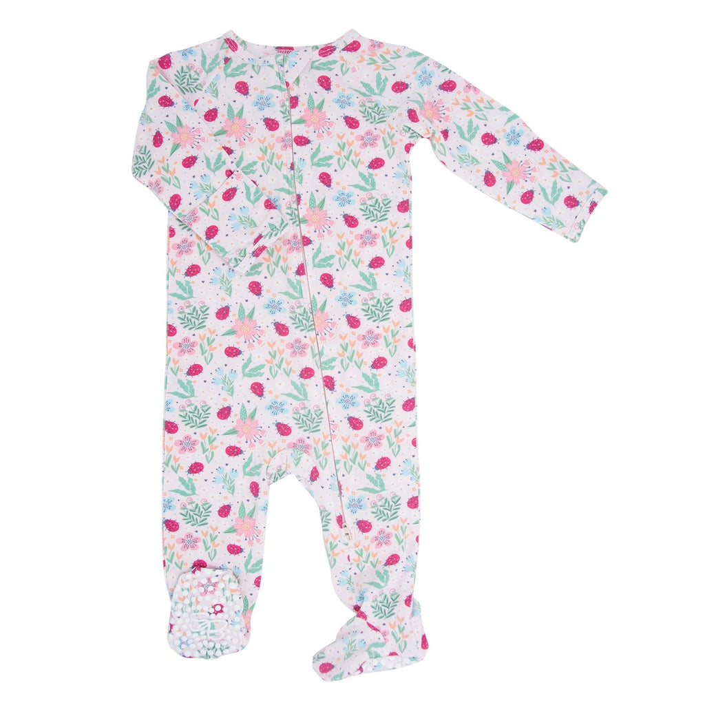 Zipper footie with long sleeves and ladybug-floral print, covered feet, light background