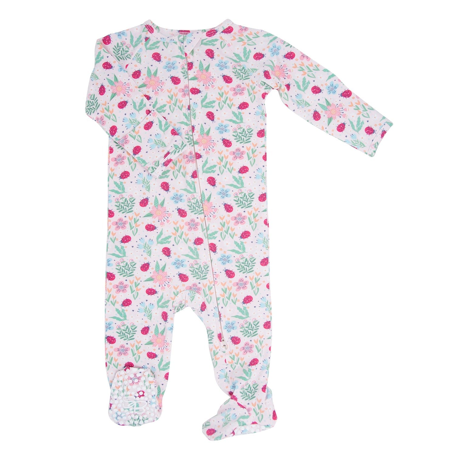 Zipper footie with long sleeves and ladybug-floral print, covered feet, light background