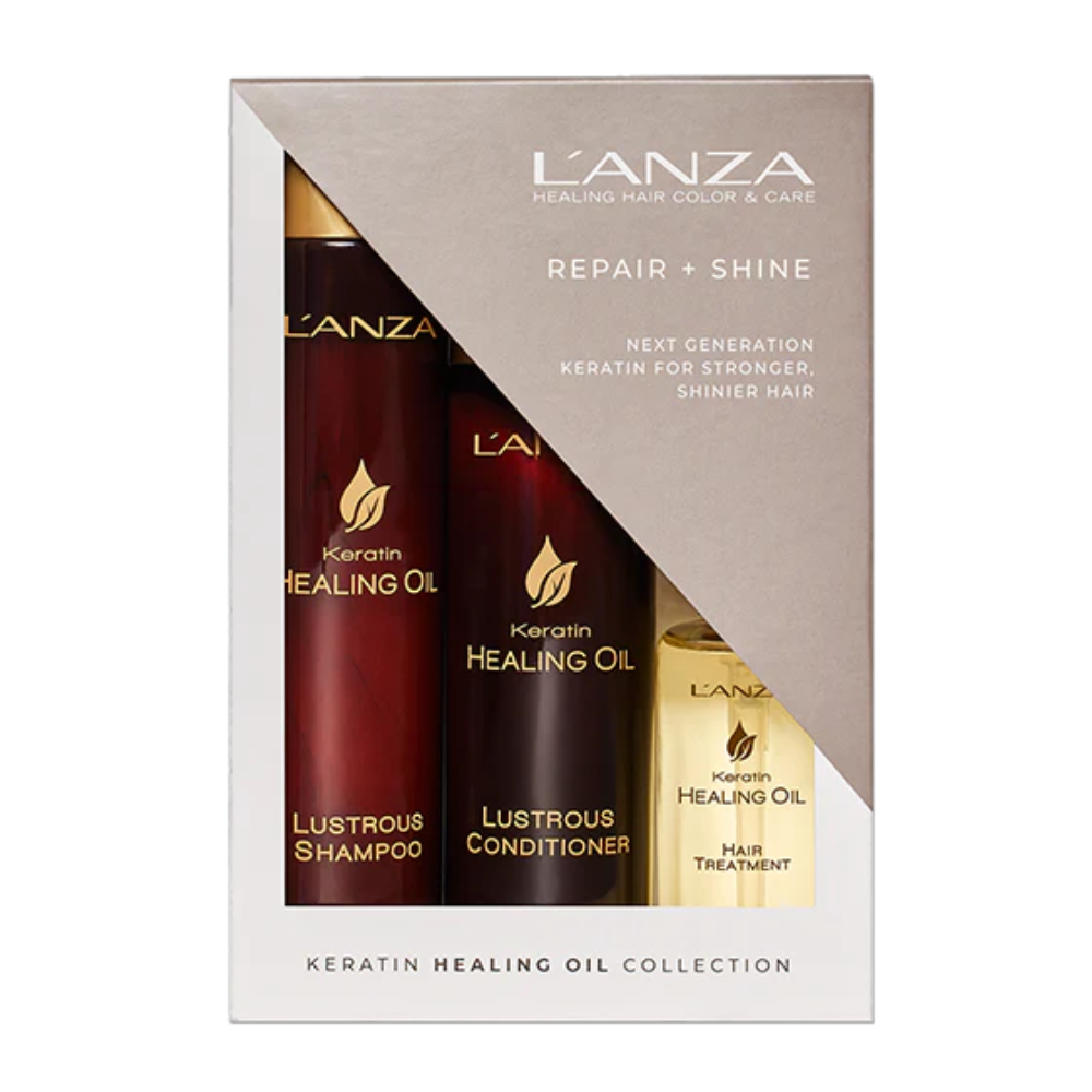 L'ANZA Keratin Healing Oil trio kit in retail box with three hair bottles