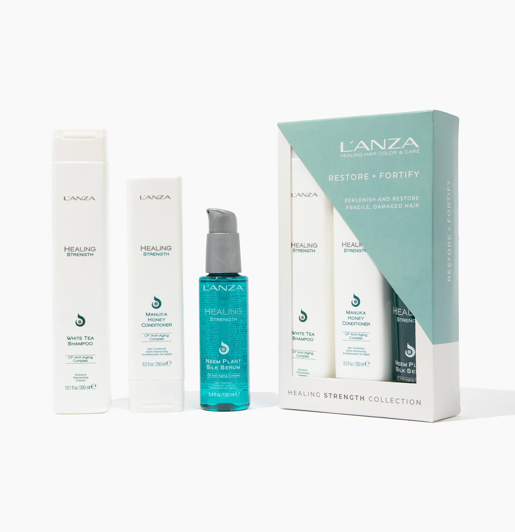 L'ANZA healing strength hair care trio kit with white and teal bottles and box
