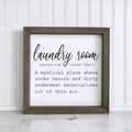 Framed laundry room wall sign with dark gray border, script text “laundry room!”