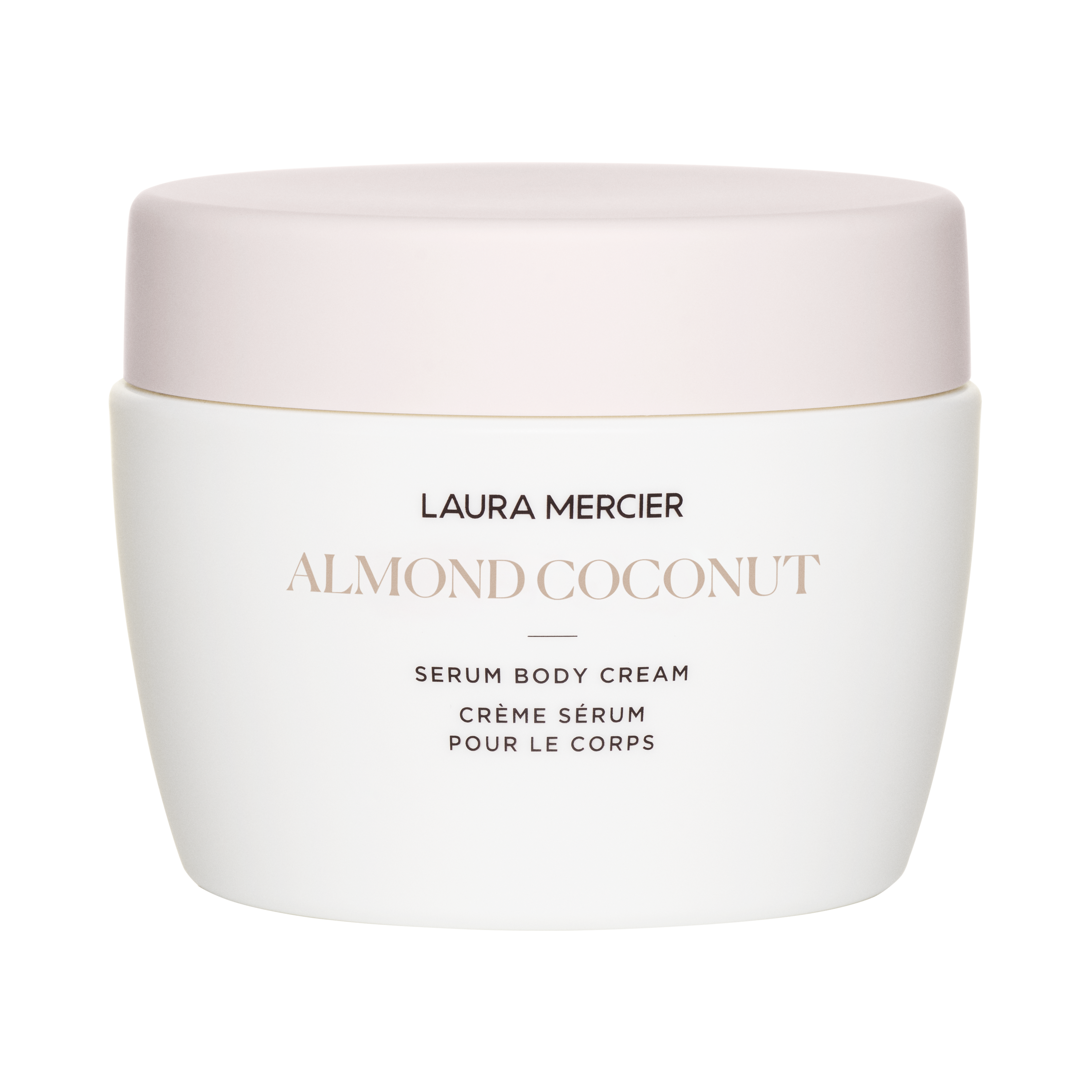 Laura Mercier Almond Coconut serum body cream jar, white label, plastic container