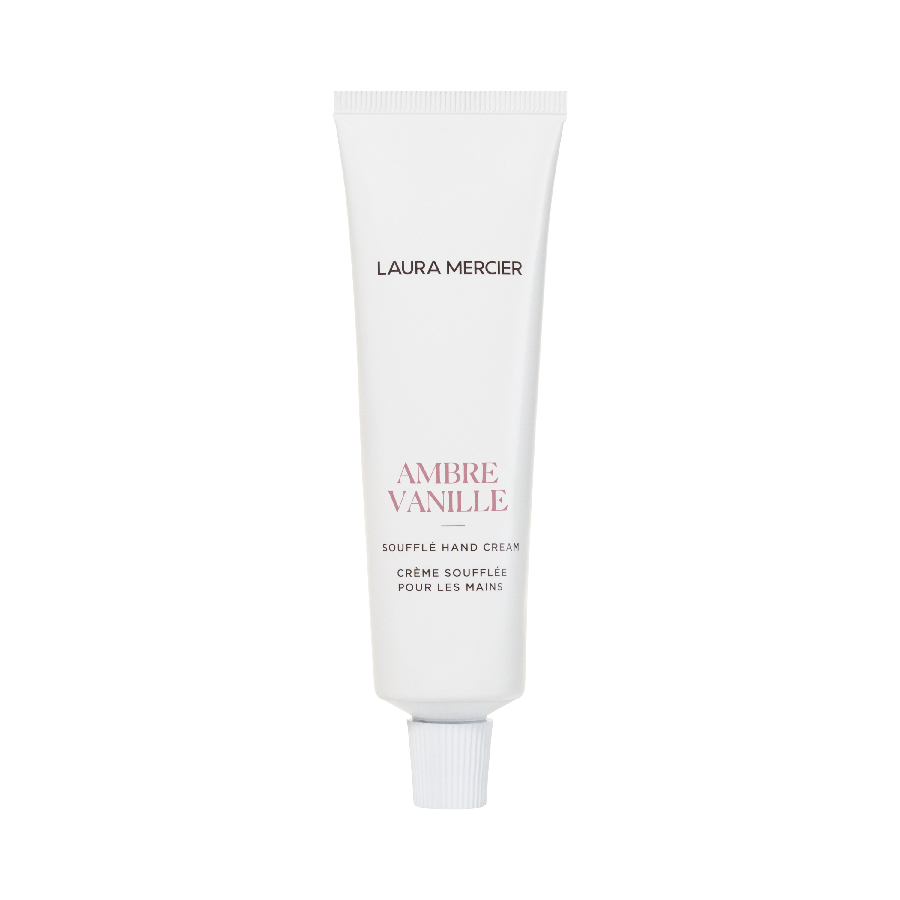 Laura Mercier hand cream tube, white squeeze container with label and cap