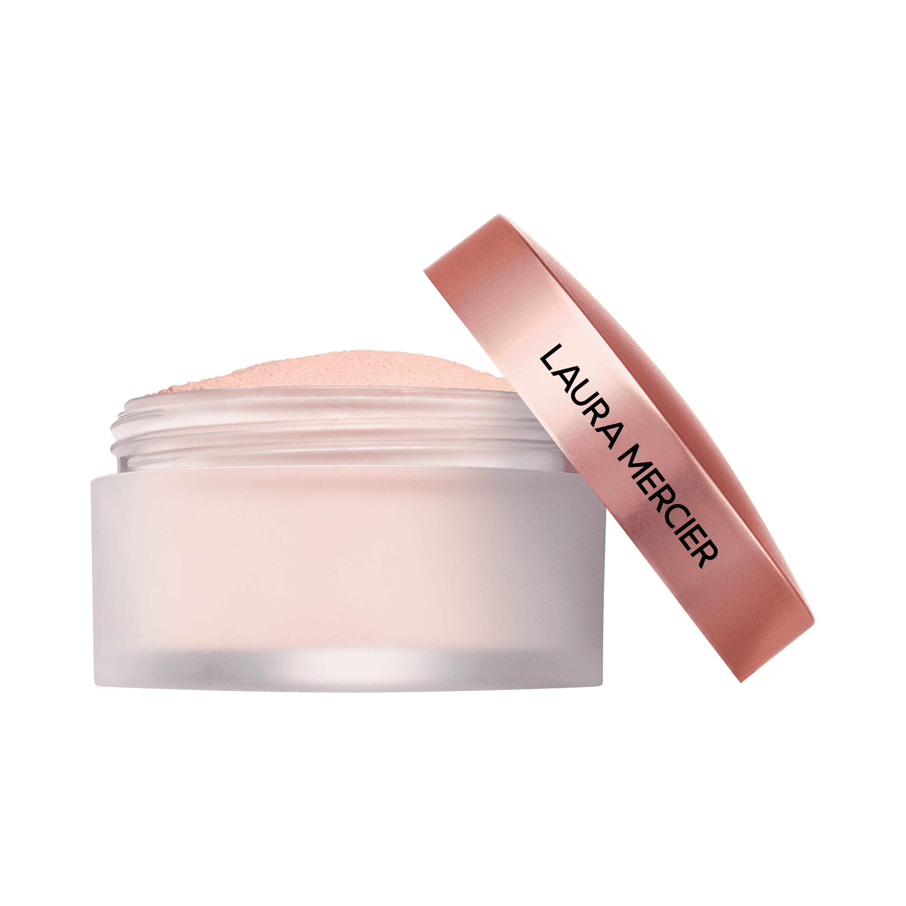 Mini setting powder jar with rose-tinted translucent loose powder and Laura Mercier tube