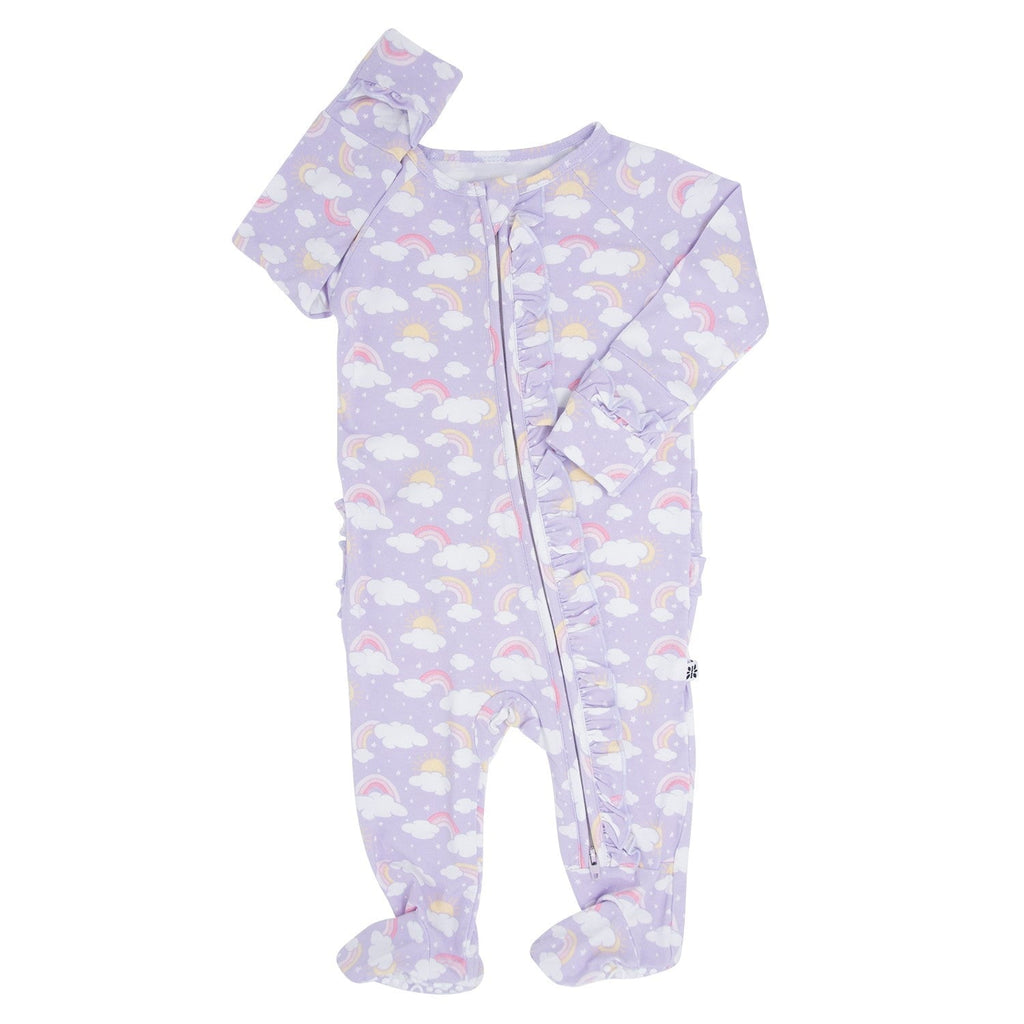 Lavender rainbow-and-cloud ruffle baby footie with zip front