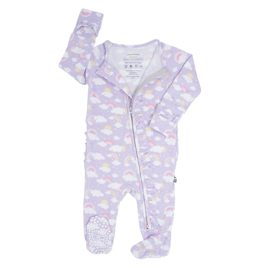 Lavender rainbow-and-cloud baby footie with zip front and cuffed sleeves