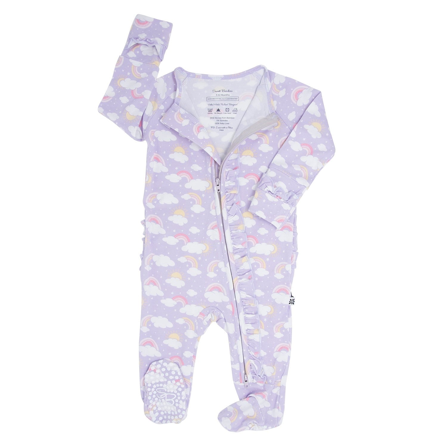 Lavender rainbow-and-cloud baby footie with zip front and cuffed sleeves