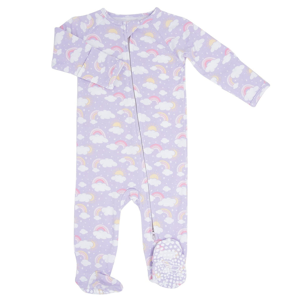 Lavender rainbow and cloud print zip-front footie with long sleeves and feet