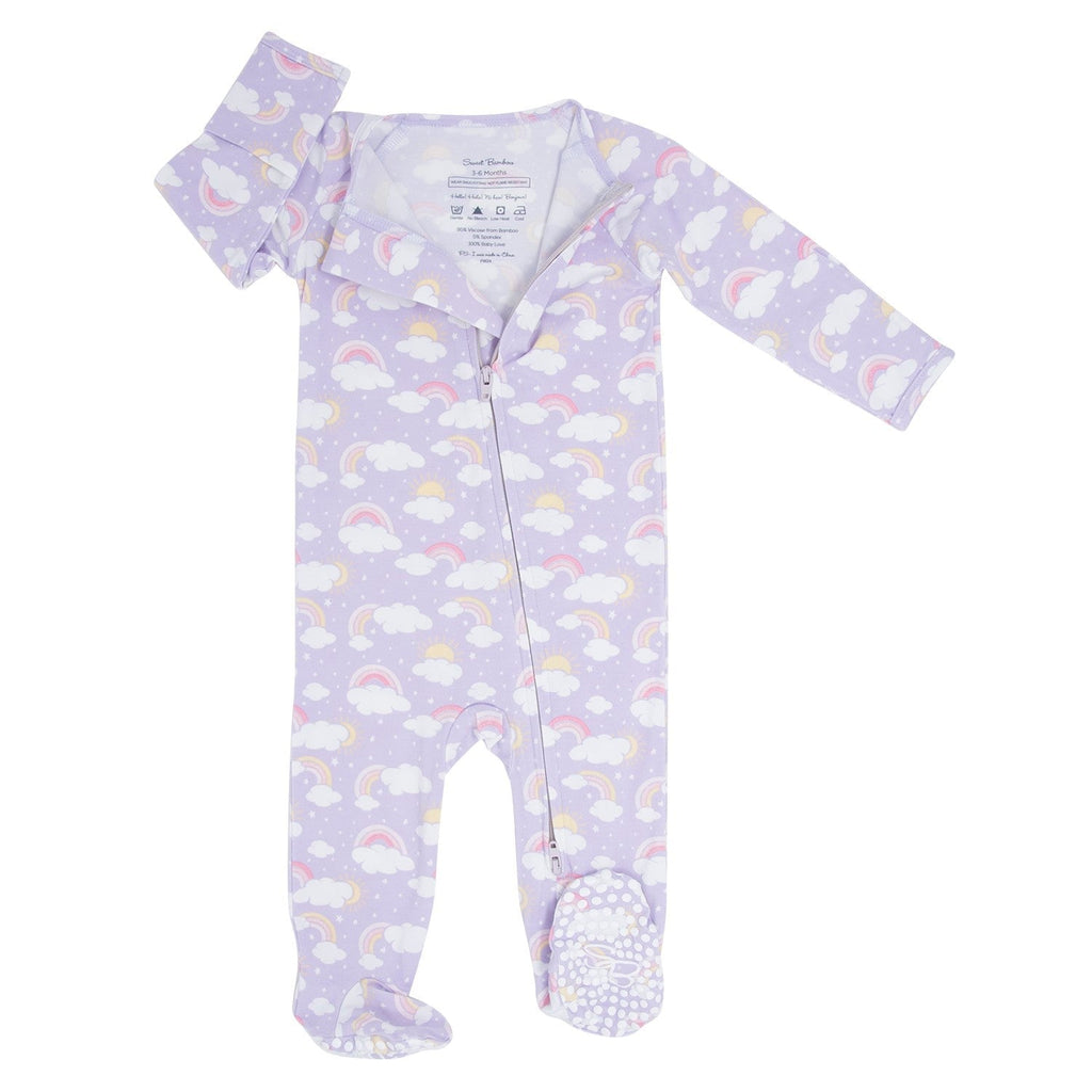 Lavender rainbow and cloud print zip-front footie, long sleeves, cuffed legs