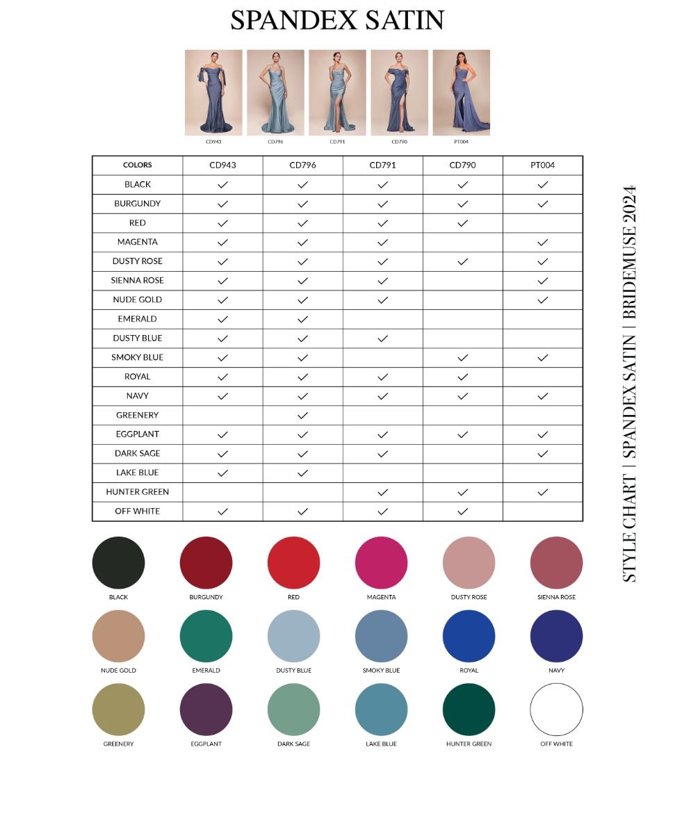 Spandex satin color chart showing long formal dress shades and size options