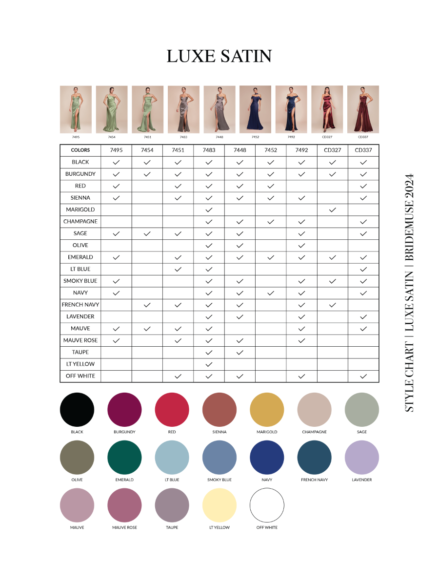 Luxe satin color and style chart page with multiple gown color swatches