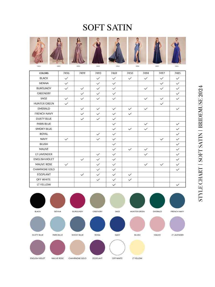 Soft satin color swatch chart showing multiple dress shade options.