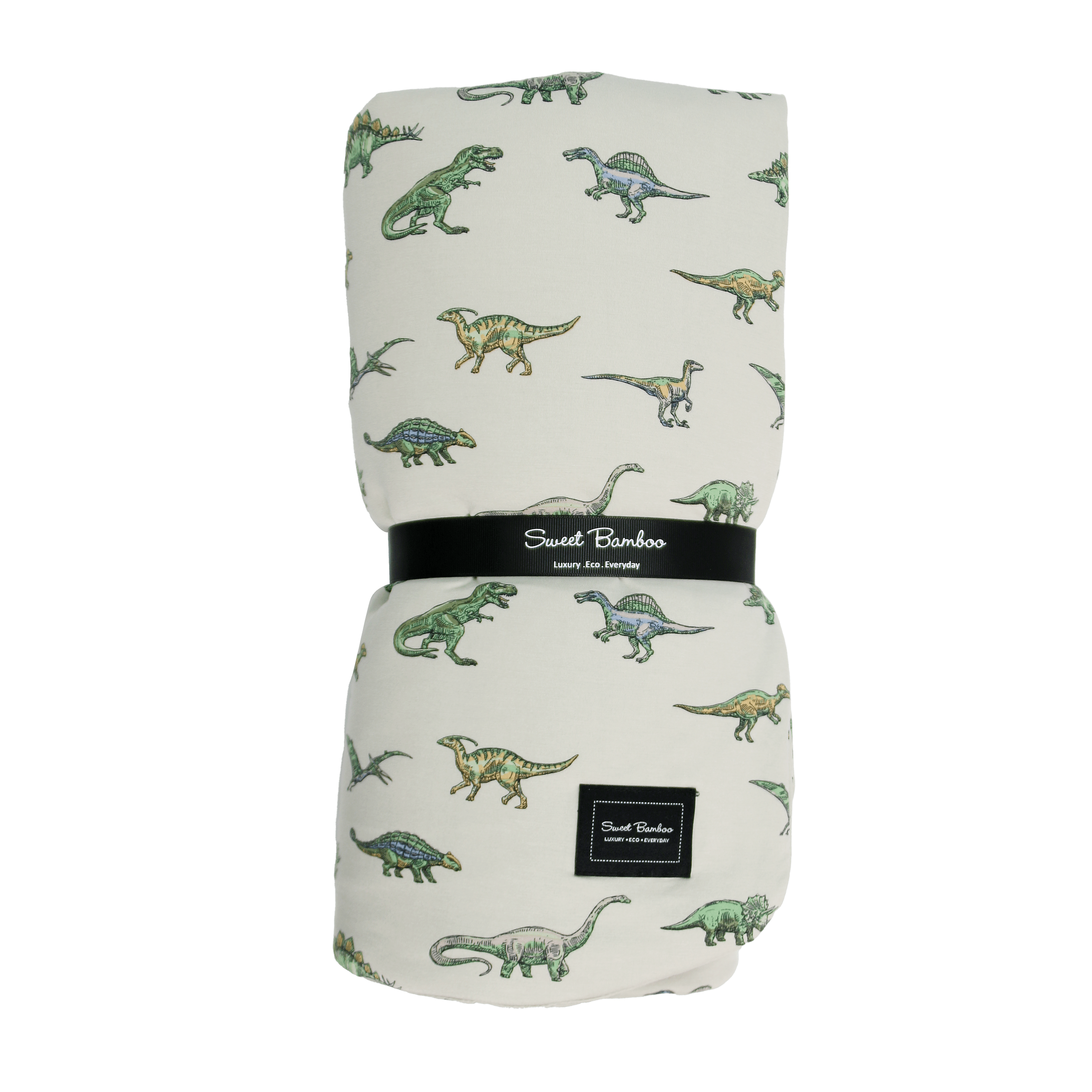 Big kid cloud blanket, off-white with green dinosaur print, folded view.