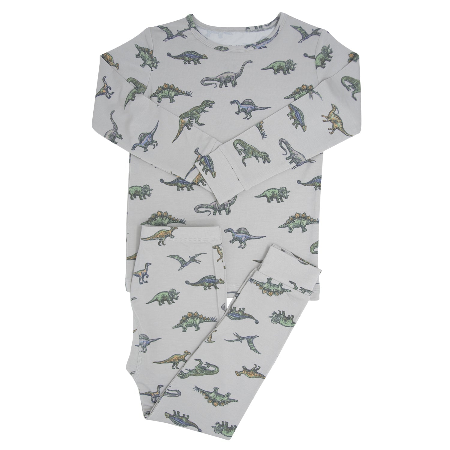 Light gray dinosaur-print pajama set with long-sleeve top and matching pants