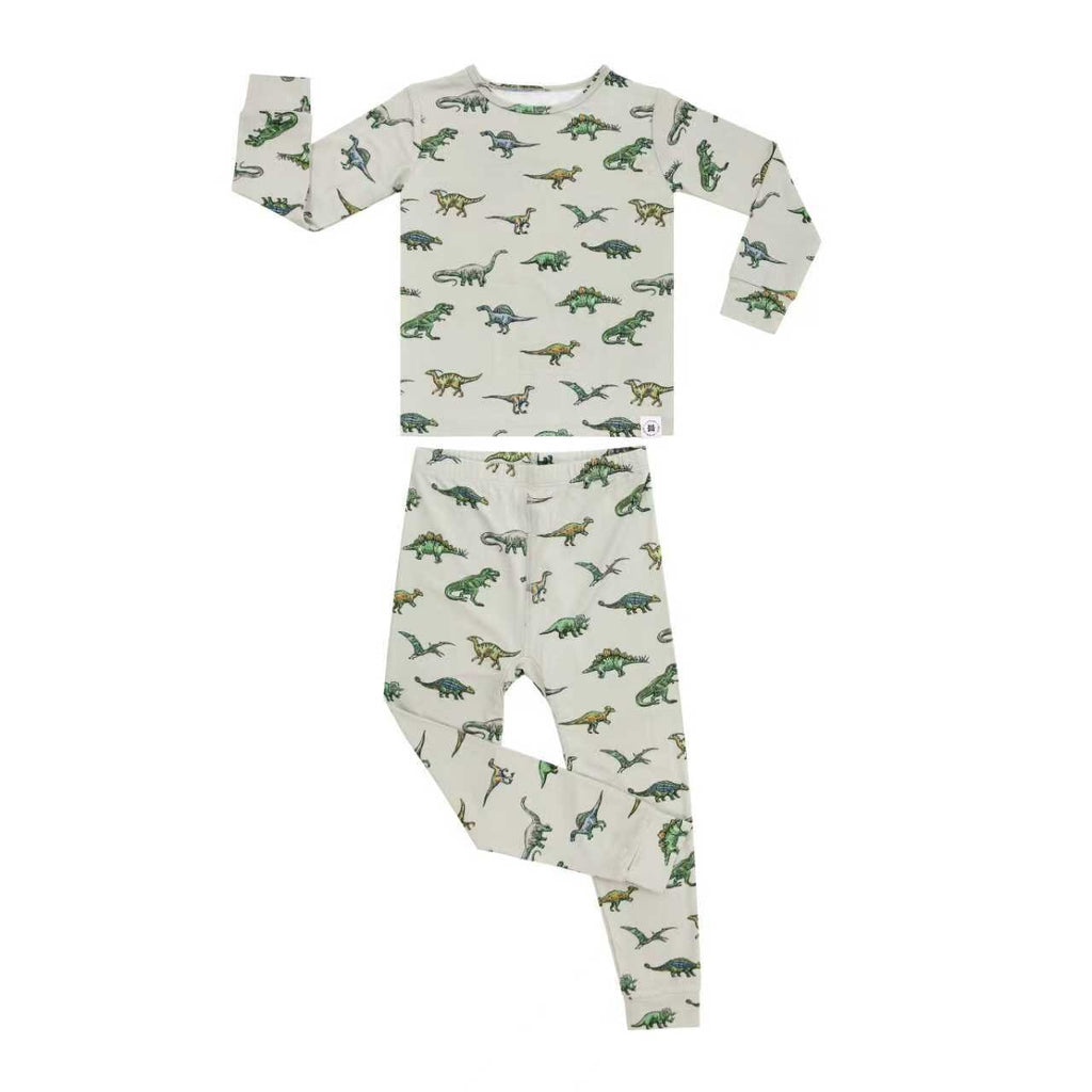 Light gray long-sleeve pajama shirt and matching pants with dinosaur print