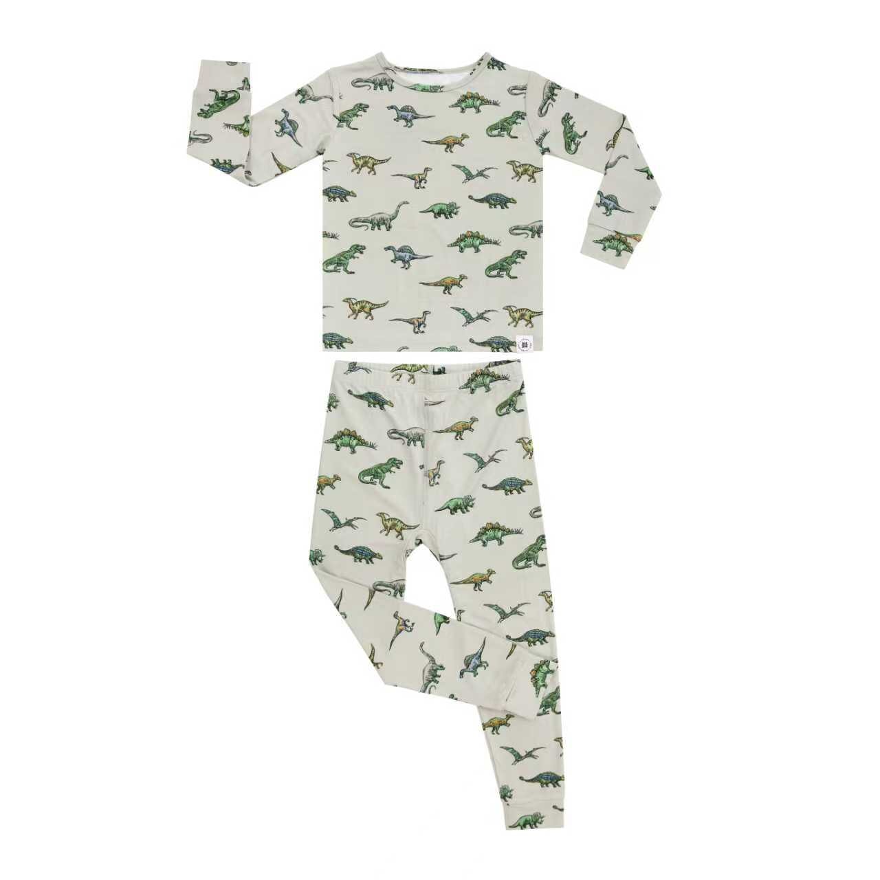 Light gray long-sleeve pajama shirt and matching pants with dinosaur print