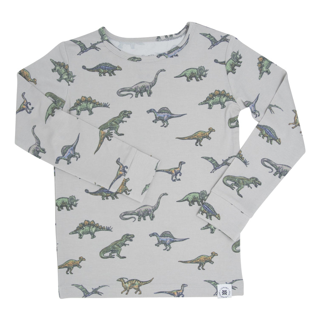 Light gray long-sleeve pajama top with scattered dinosaur print