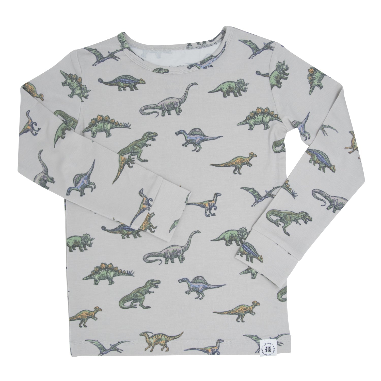 Light gray long-sleeve pajama top with scattered dinosaur print