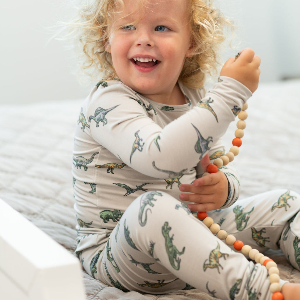 Light gray dinosaur-print pajama set with long sleeves and elastic waist pants