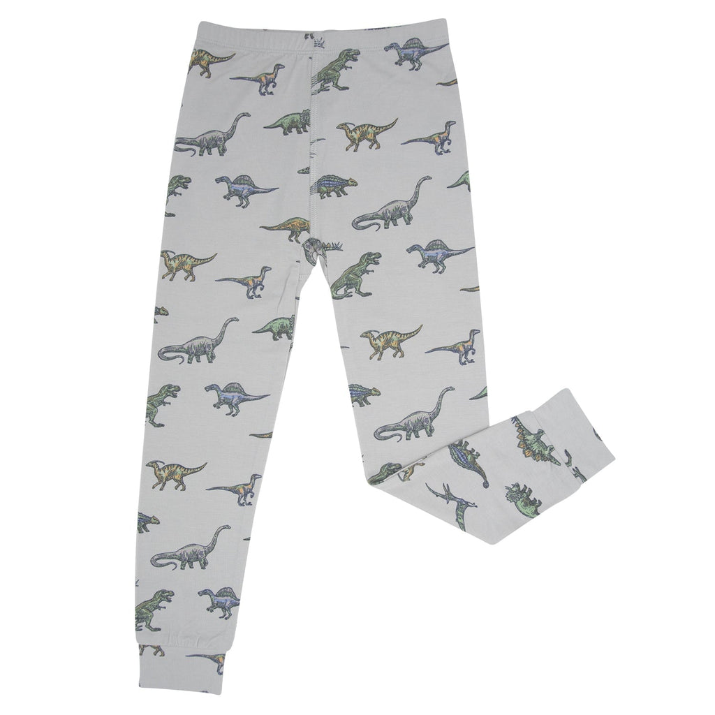 Light gray dinosaur-print pajama pants with elastic waistband