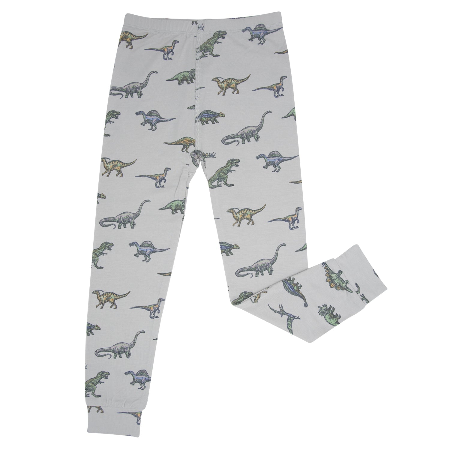 Light gray dinosaur-print pajama pants with elastic waistband