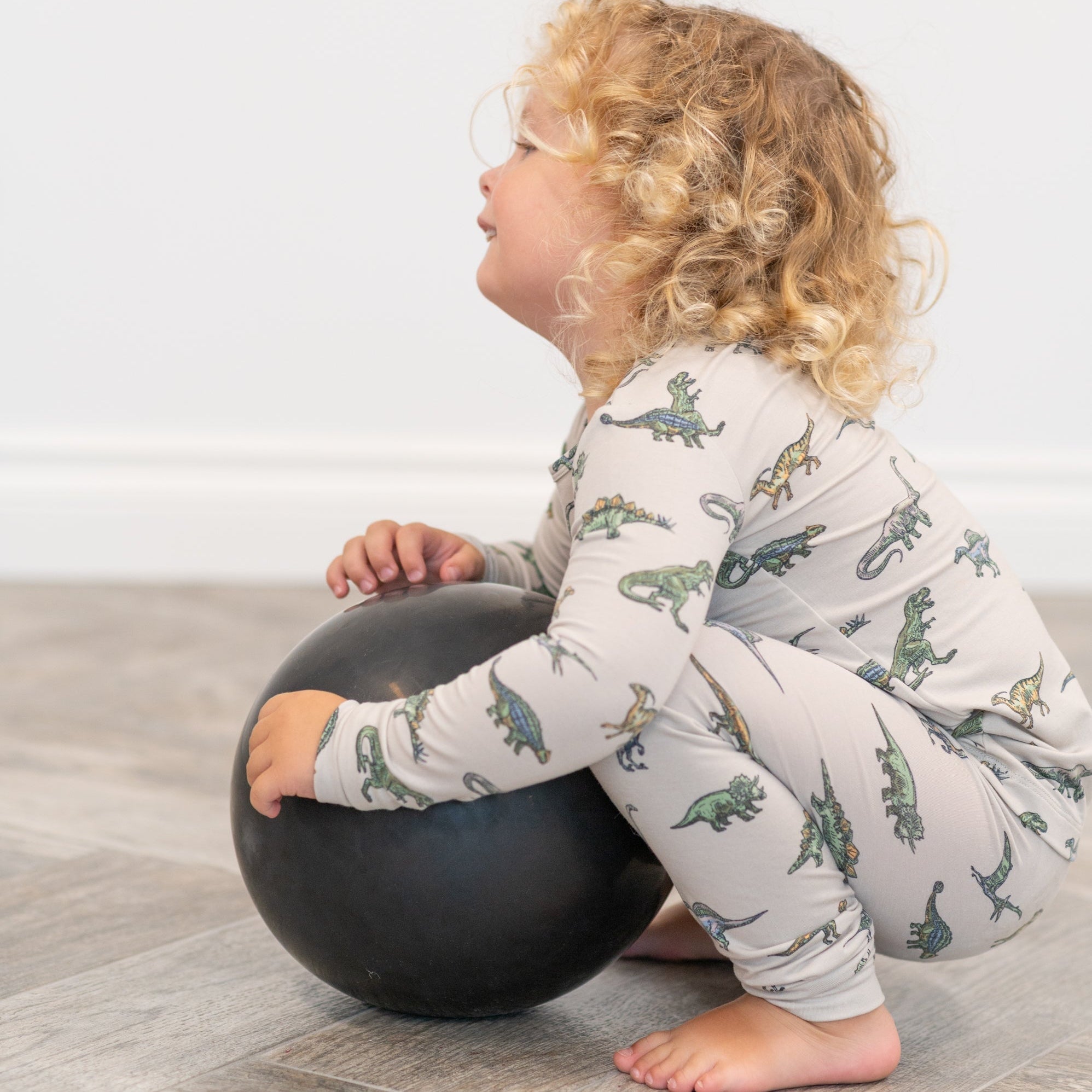 Light gray dinosaur-print pajama set with long sleeves, elastic waist pants
