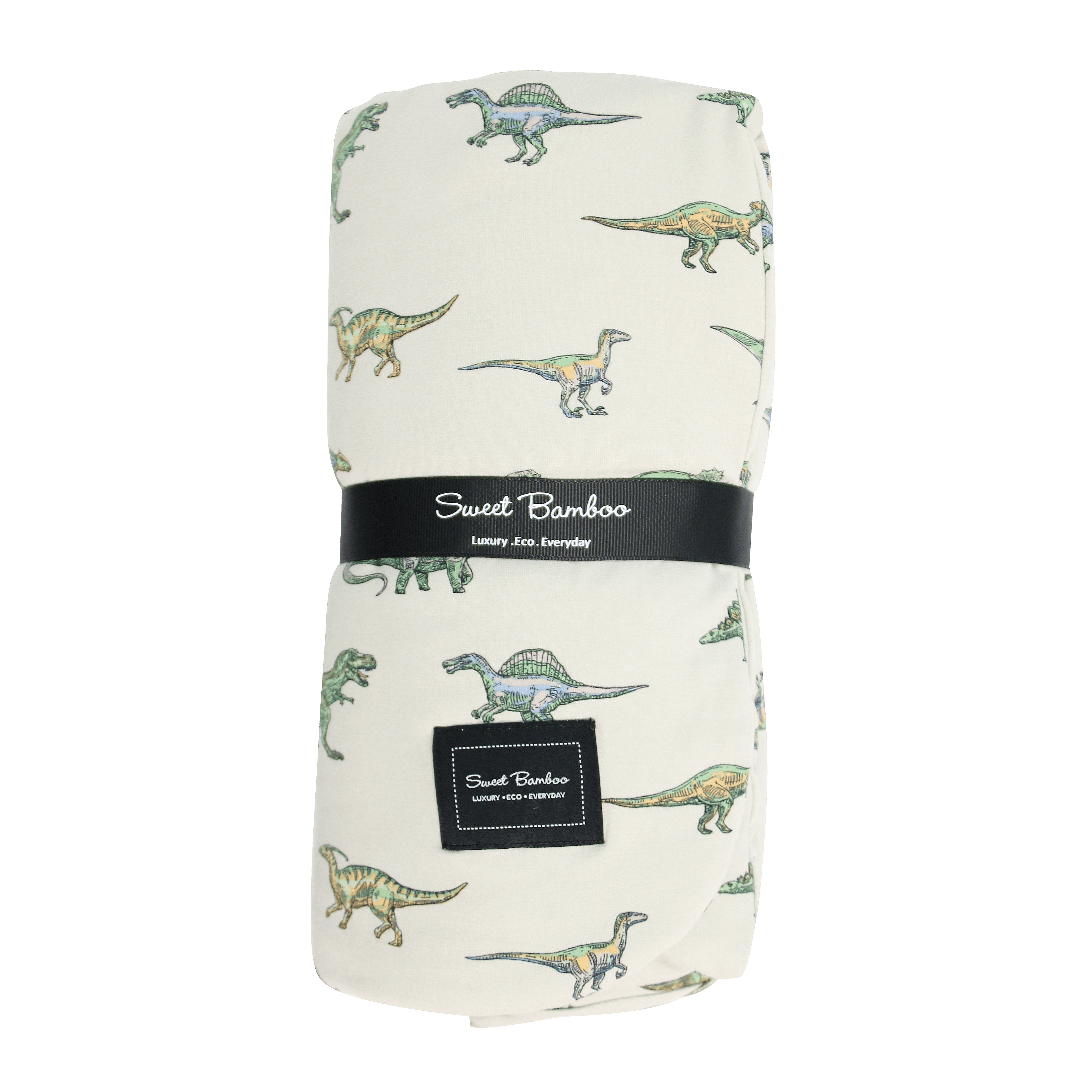 Legendary cloud blanket, white with green and blue dinosaur print, Sweet Bamboo label
