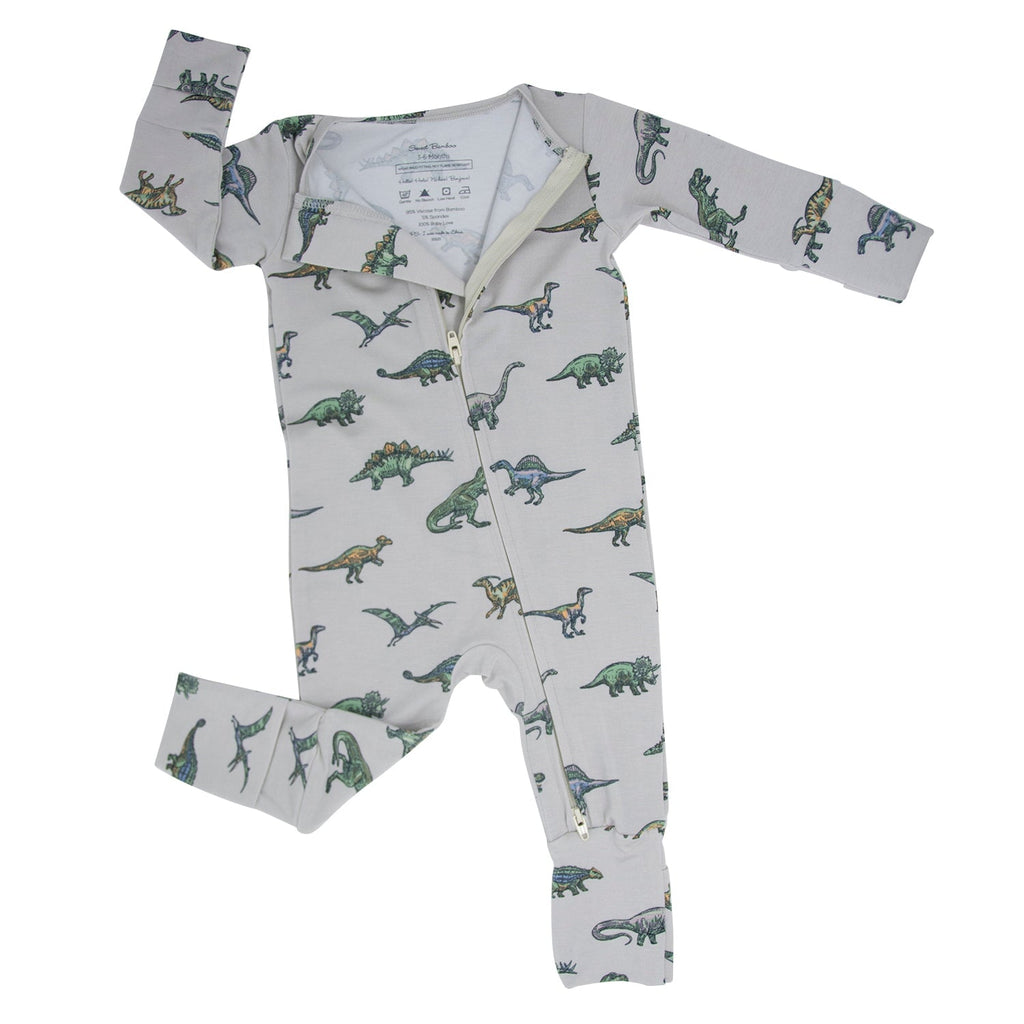 Light gray dinosaur-print baby romper with snap front and long sleeves