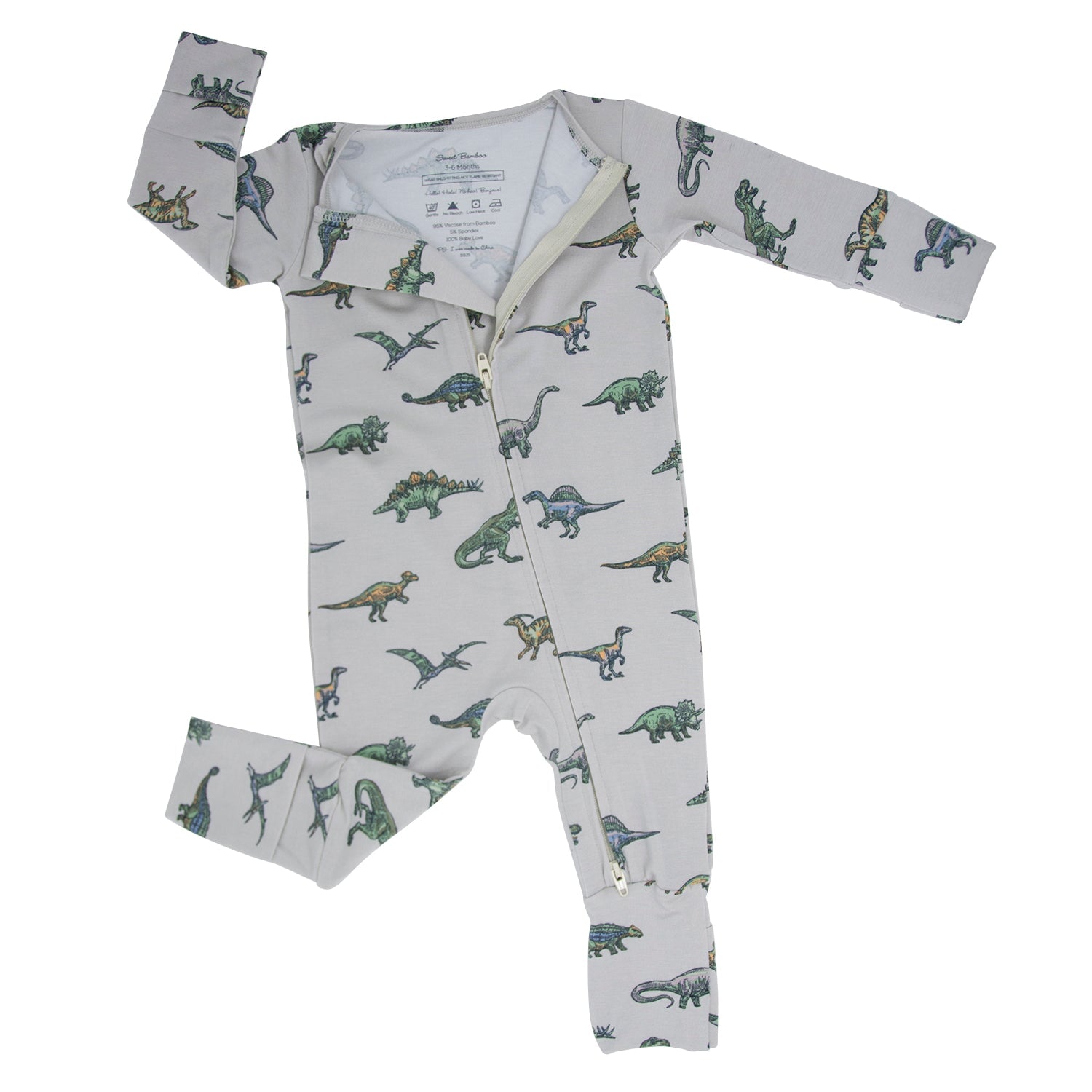 Light gray dinosaur-print baby romper with snap front and long sleeves
