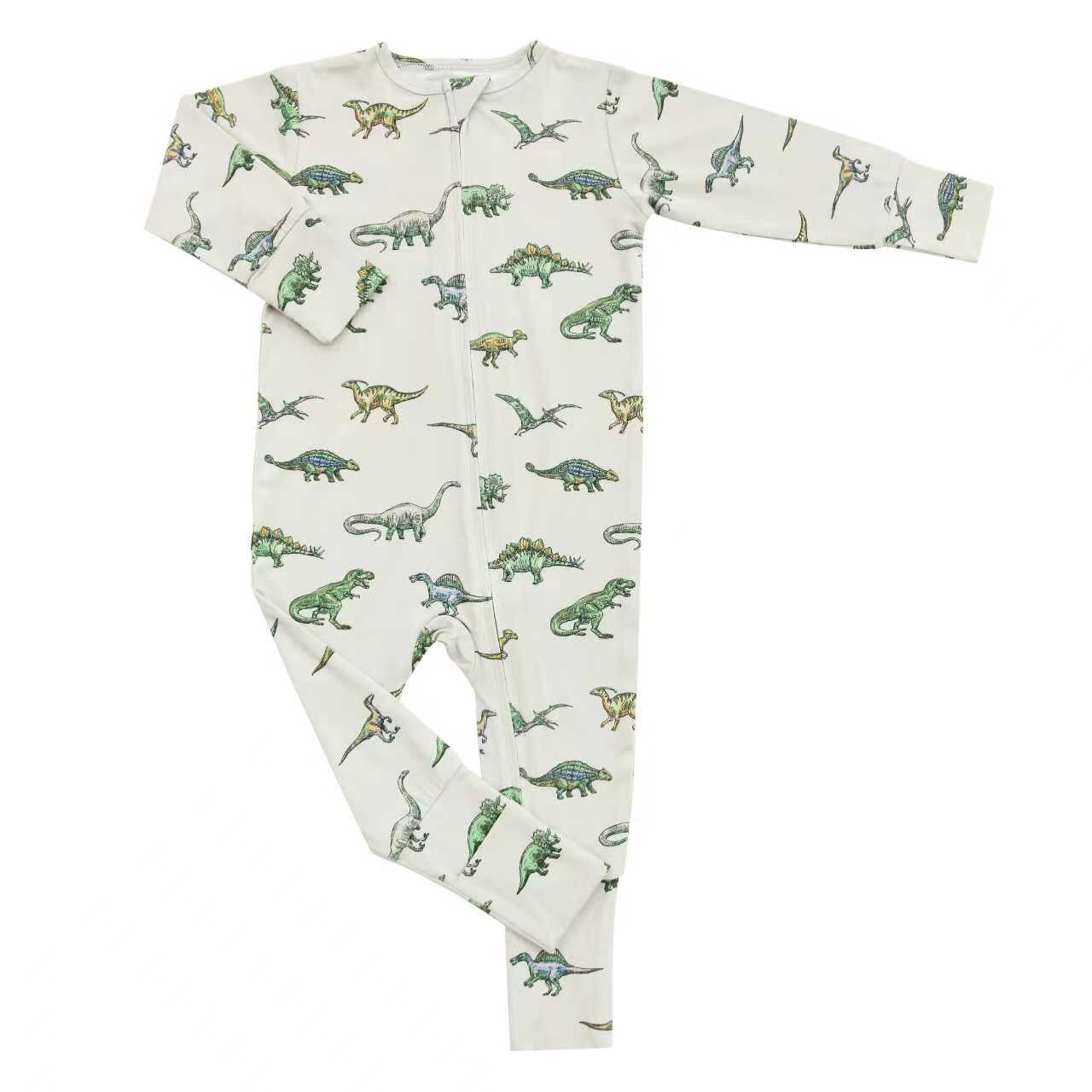 Light gray dinosaur-print baby romper with long sleeves, full-length legs