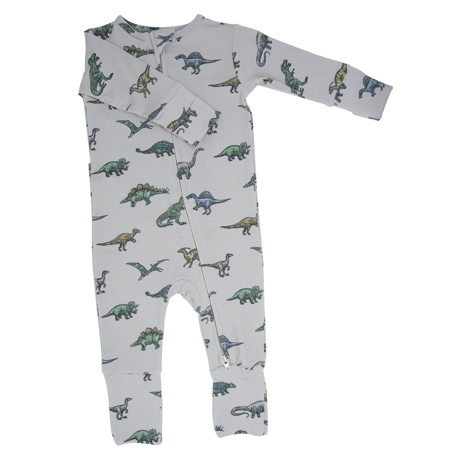 White dinosaur-print baby romper with long sleeves and footed pant legs