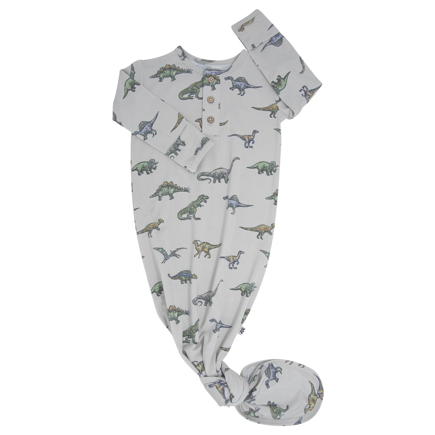 Dinosaur-print baby gown with short sleeves, button placket, and footed legs
