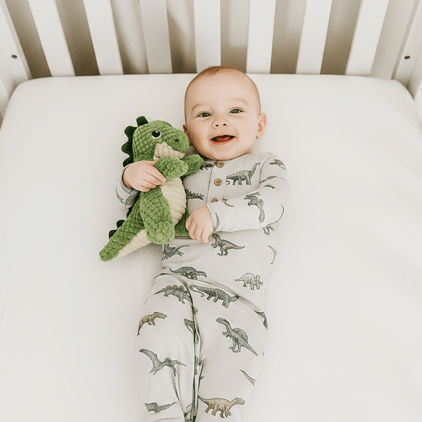 Baby dinosaur-print knotted gown with short sleeves and front buttons