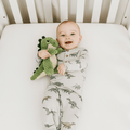 Baby dinosaur-print knotted gown with short sleeves and front buttons