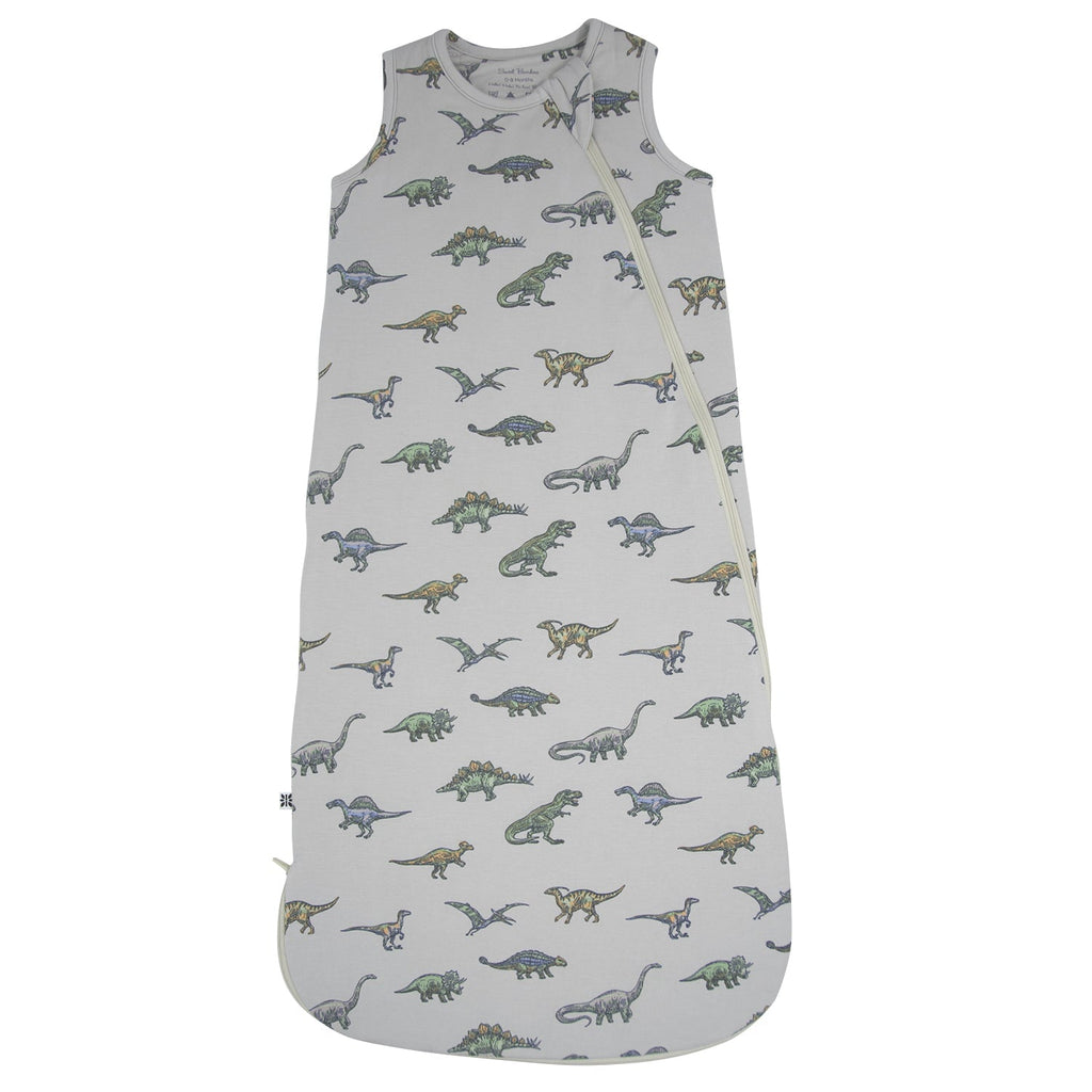 Light gray sleeveless dinosaur-print sleep sack with armholes