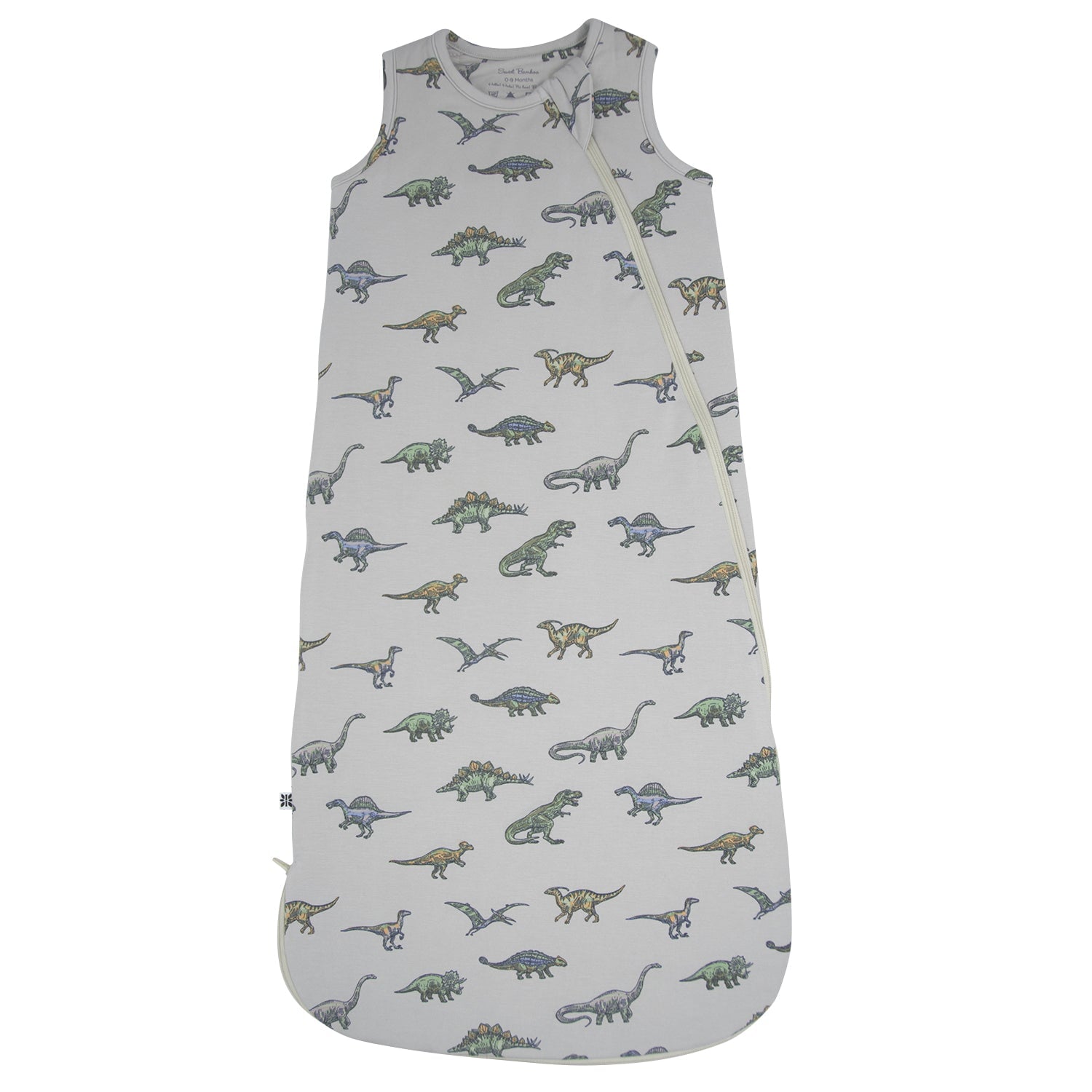 Light gray sleeveless dinosaur-print sleep sack with armholes