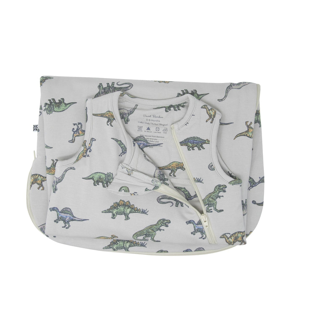 Light gray dinosaur-print sleep sack, front zip opening