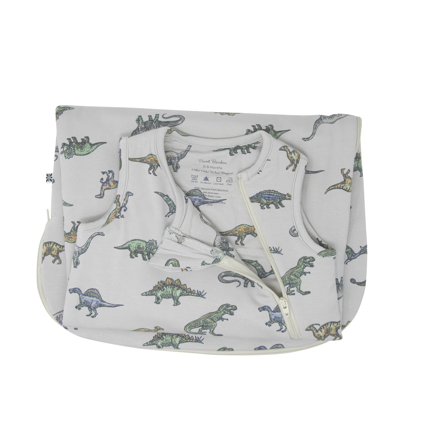 Light gray dinosaur-print sleep sack, front zip opening