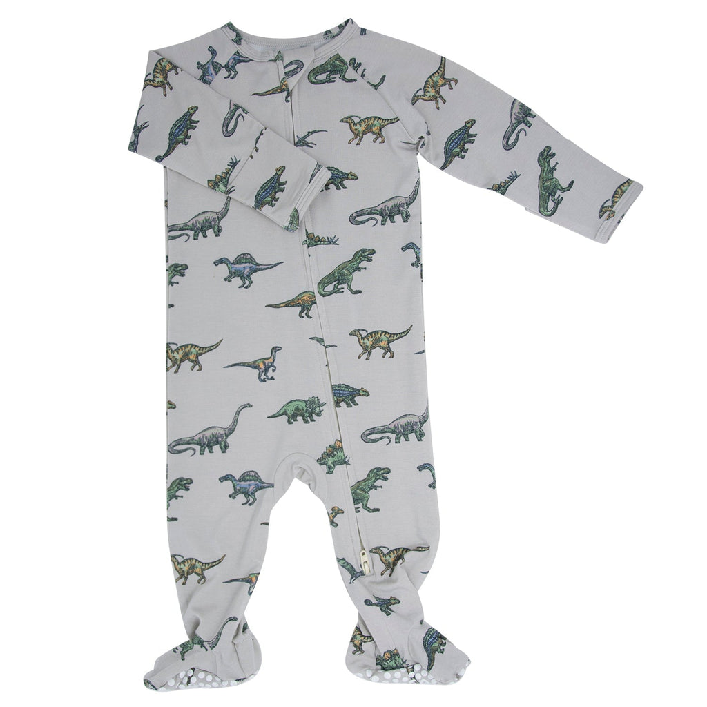 Zipper footie romper with dinosaur print, front zipper, cuffs and grippy foot soles