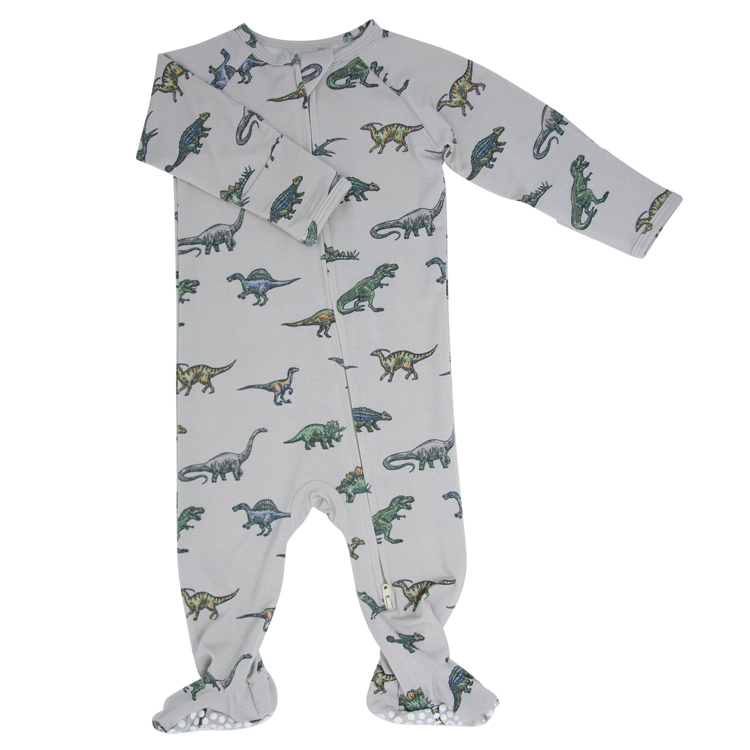 Zipper footie romper with dinosaur print, front zipper, cuffs and grippy foot soles