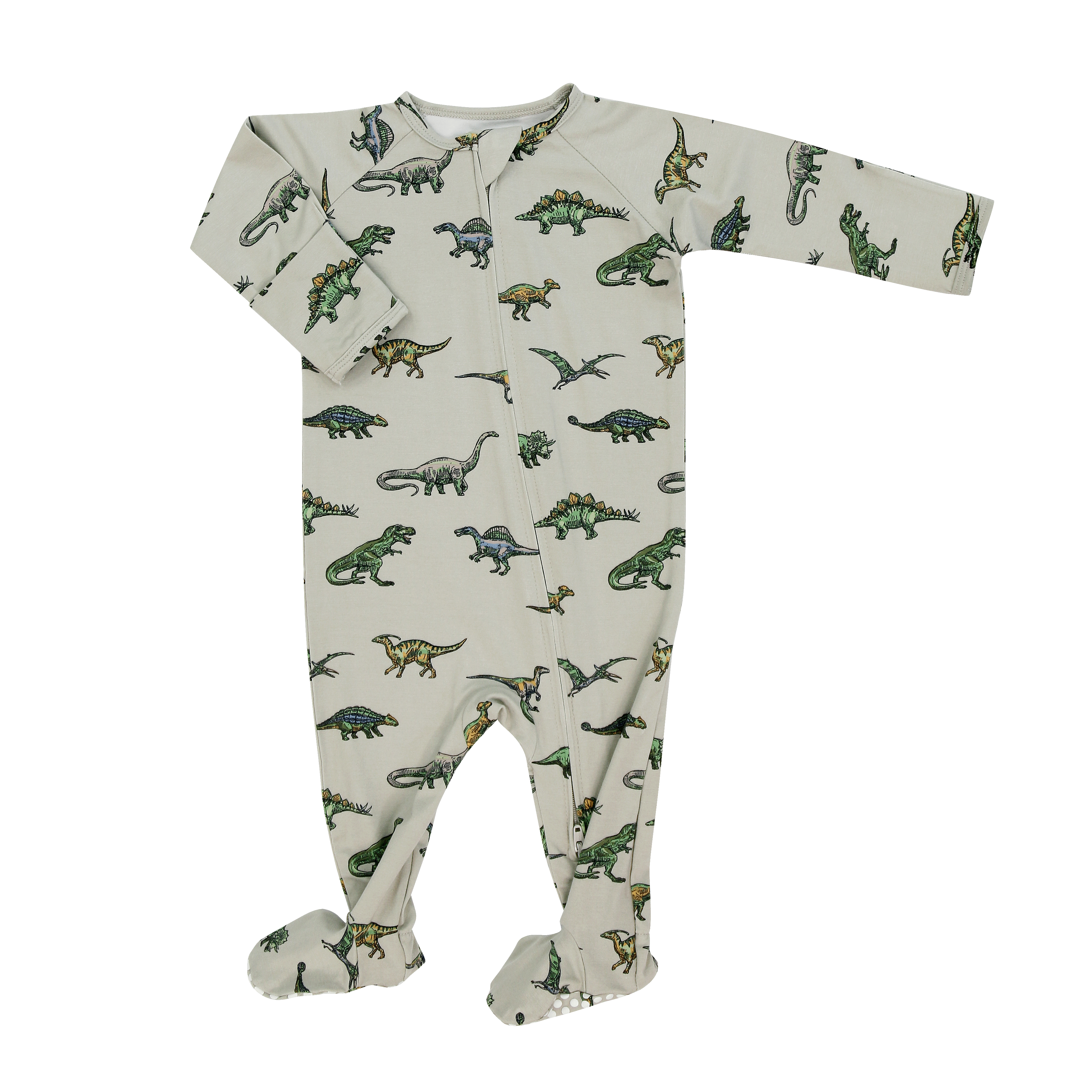 Zipper footie with full-length front zipper, light gray dinosaur pattern, long sleeves