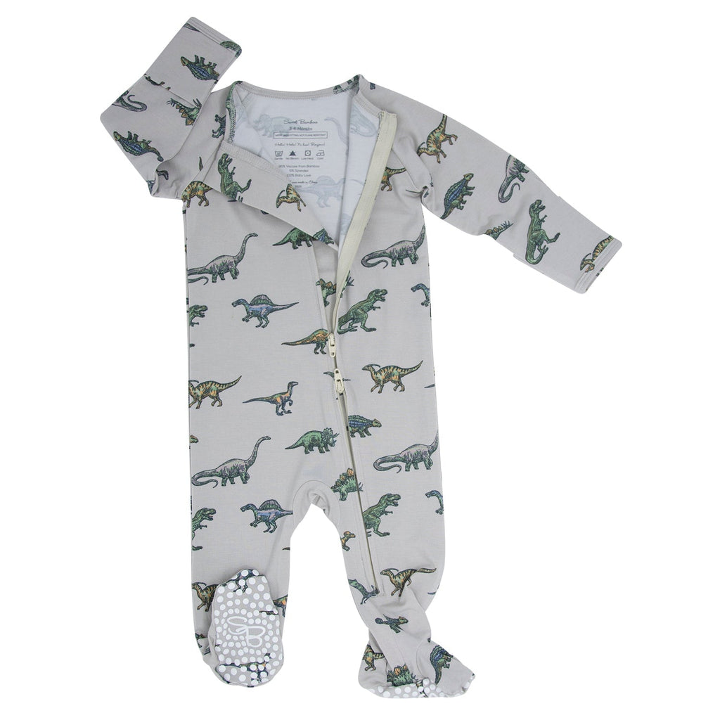 Zipper footie with dinosaur print and visible zipper placket, light gray, long sleeves