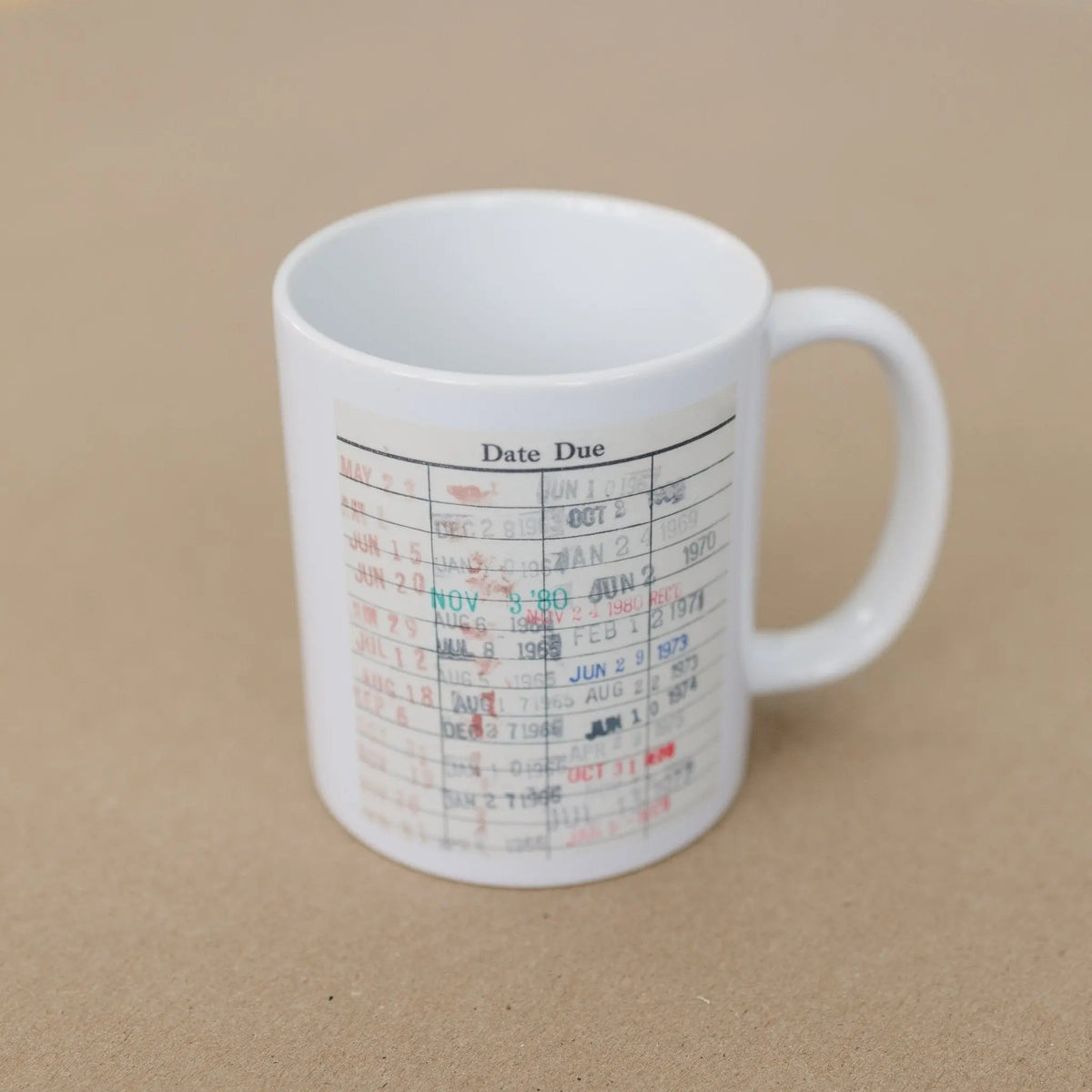 White coffee mug with date-due calendar print, side view with handle