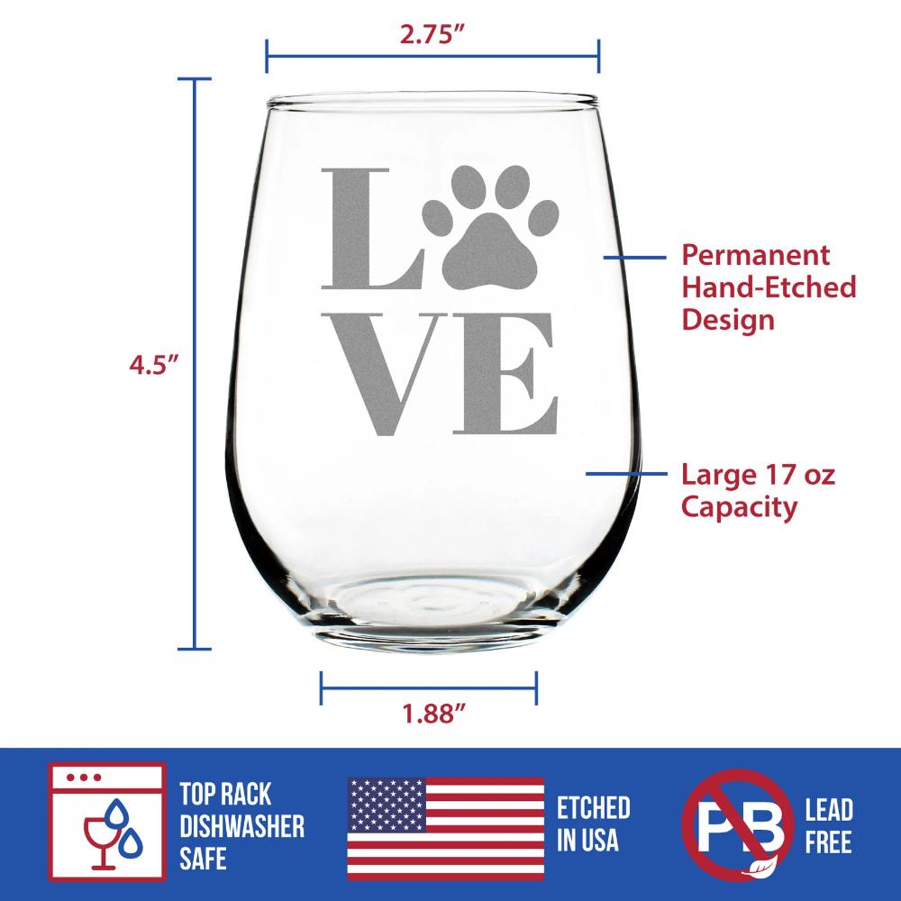 LOVE Paw – Cute Stemless Wine Glass for Dog & Cat Moms, Large 17 Ounces, Etched Sayings, Gift Box