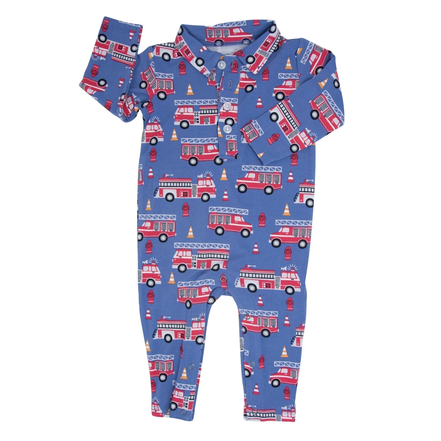 Blue long-sleeve polo romper in fire truck print, front button placket and cuffs